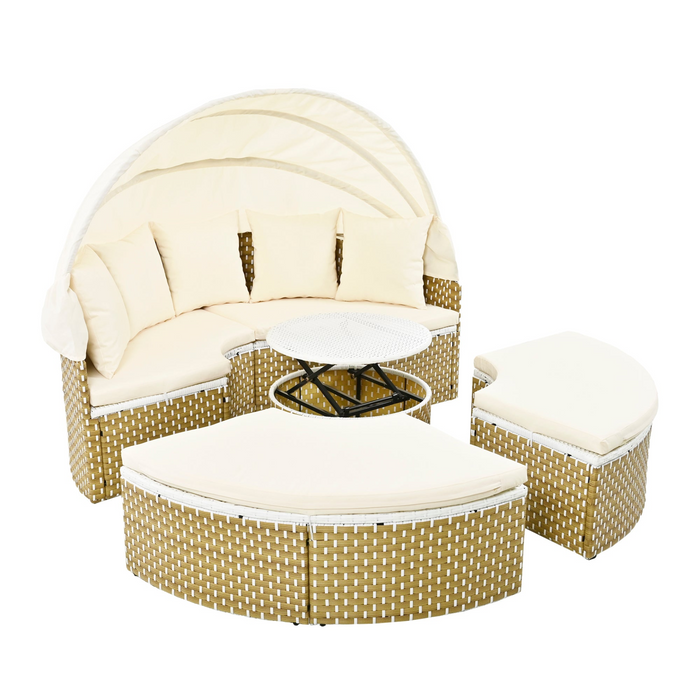 Patio Furniture Round Outdoor Sectional Sofa Set Rattan Daybed with Canopy, Beige