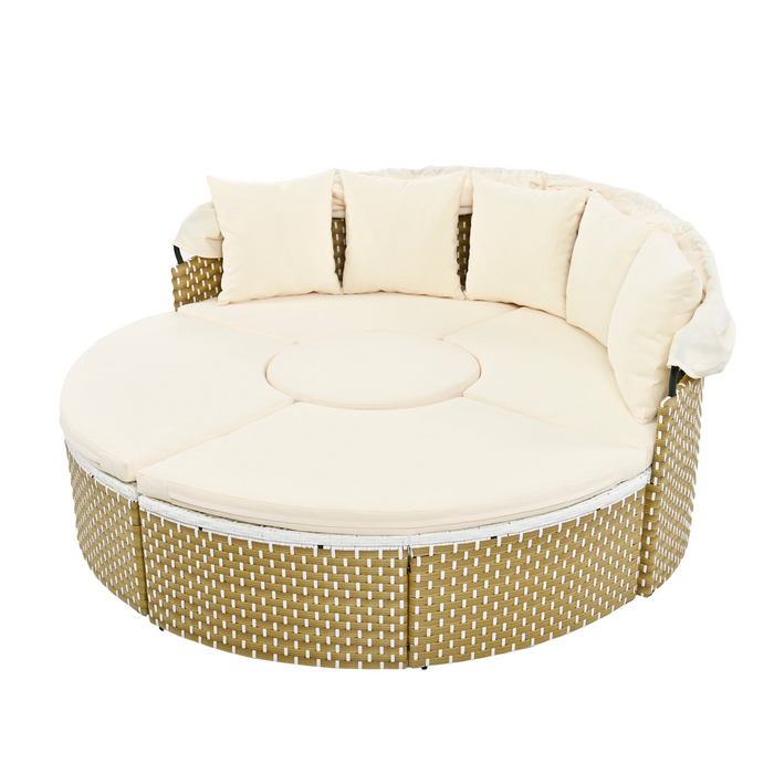 Patio Furniture Round Outdoor Sectional Sofa Set Rattan Daybed with Canopy, Beige