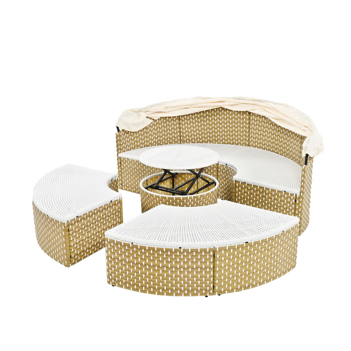 Patio Furniture Round Outdoor Sectional Sofa Set Rattan Daybed with Canopy, Beige