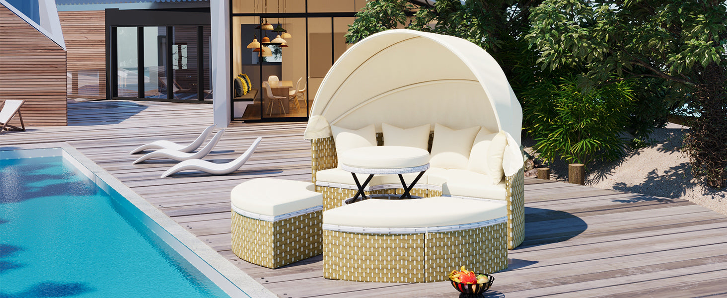 Patio Furniture Round Outdoor Sectional Sofa Set Rattan Daybed with Canopy, Beige