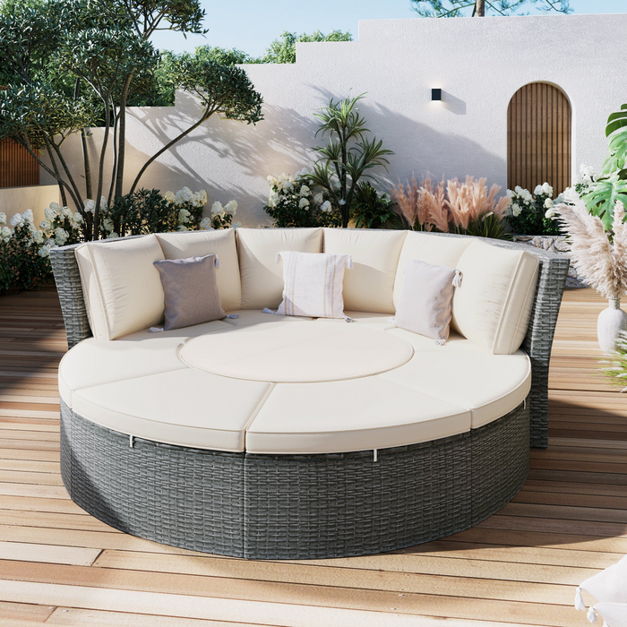 5-Piece Round Rattan Sectional Sofa Set All-Weather Wicker Sunbed Daybed with Round Liftable Table and Washable Cushions for Outdoor Backyard Poolside, Beige