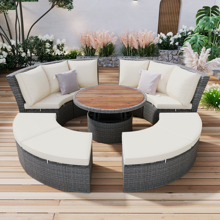 5-Piece Round Rattan Sectional Sofa Set All-Weather Wicker Sunbed Daybed with Round Liftable Table and Washable Cushions for Outdoor Backyard Poolside, Beige