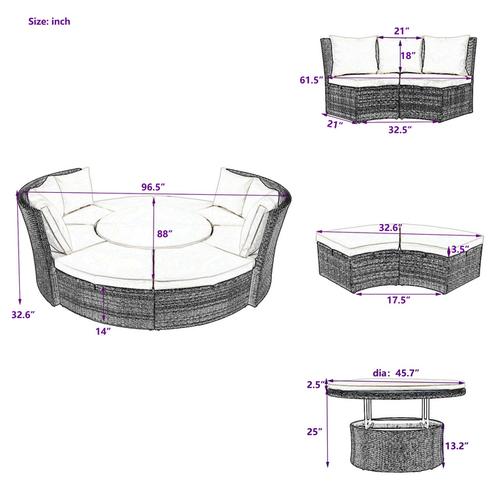 5-Piece Round Rattan Sectional Sofa Set All-Weather Wicker Sunbed Daybed with Round Liftable Table and Washable Cushions for Outdoor Backyard Poolside, Beige