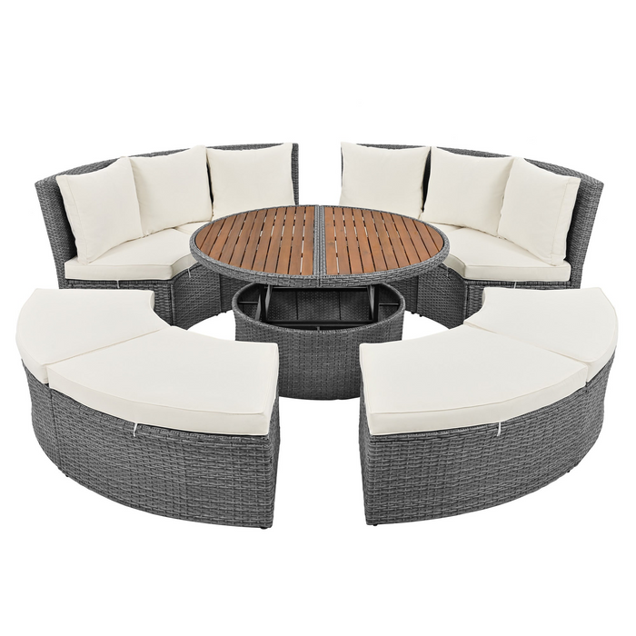 5-Piece Round Rattan Sectional Sofa Set All-Weather Wicker Sunbed Daybed with Round Liftable Table and Washable Cushions for Outdoor Backyard Poolside, Beige