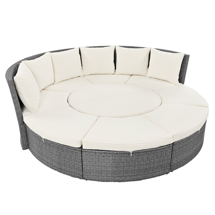 5-Piece Round Rattan Sectional Sofa Set All-Weather Wicker Sunbed Daybed with Round Liftable Table and Washable Cushions for Outdoor Backyard Poolside, Beige