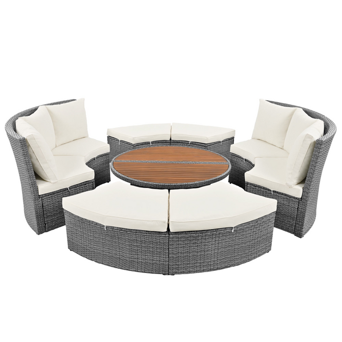 5-Piece Round Rattan Sectional Sofa Set All-Weather Wicker Sunbed Daybed with Round Liftable Table and Washable Cushions for Outdoor Backyard Poolside, Beige