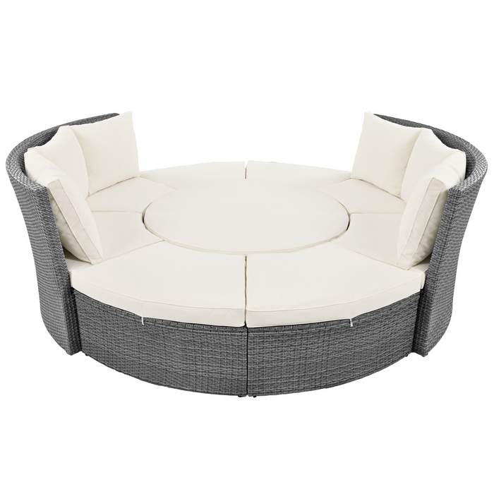 5-Piece Round Rattan Sectional Sofa Set All-Weather Wicker Sunbed Daybed with Round Liftable Table and Washable Cushions for Outdoor Backyard Poolside, Beige