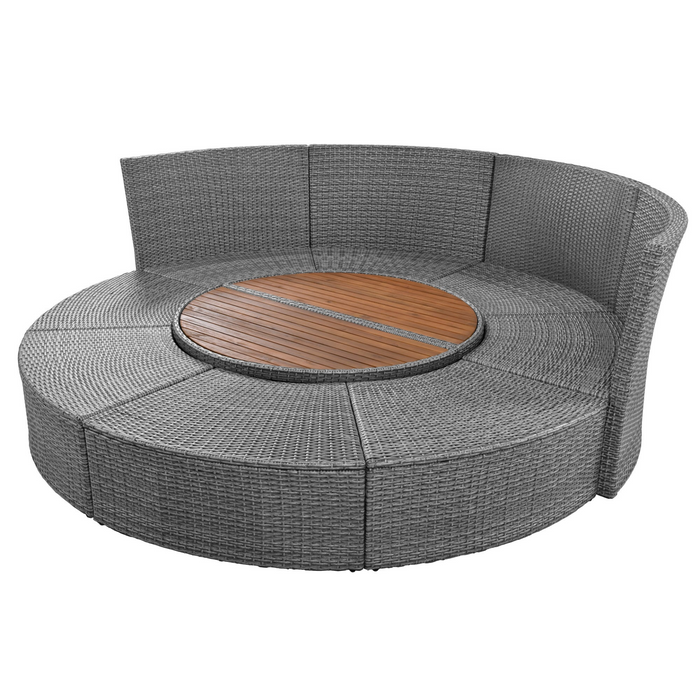 5-Piece Round Rattan Sectional Sofa Set All-Weather Wicker Sunbed Daybed with Round Liftable Table and Washable Cushions for Outdoor Backyard Poolside, Beige