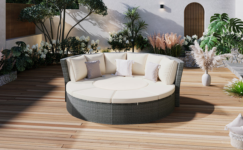 5-Piece Round Rattan Sectional Sofa Set All-Weather Wicker Sunbed Daybed with Round Liftable Table and Washable Cushions for Outdoor Backyard Poolside, Beige