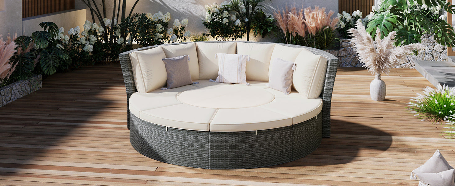 5-Piece Round Rattan Sectional Sofa Set All-Weather Wicker Sunbed Daybed with Round Liftable Table and Washable Cushions for Outdoor Backyard Poolside, Beige