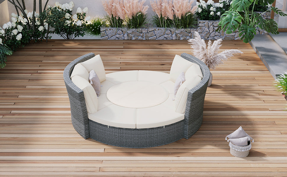 5-Piece Round Rattan Sectional Sofa Set All-Weather Wicker Sunbed Daybed with Round Liftable Table and Washable Cushions for Outdoor Backyard Poolside, Beige