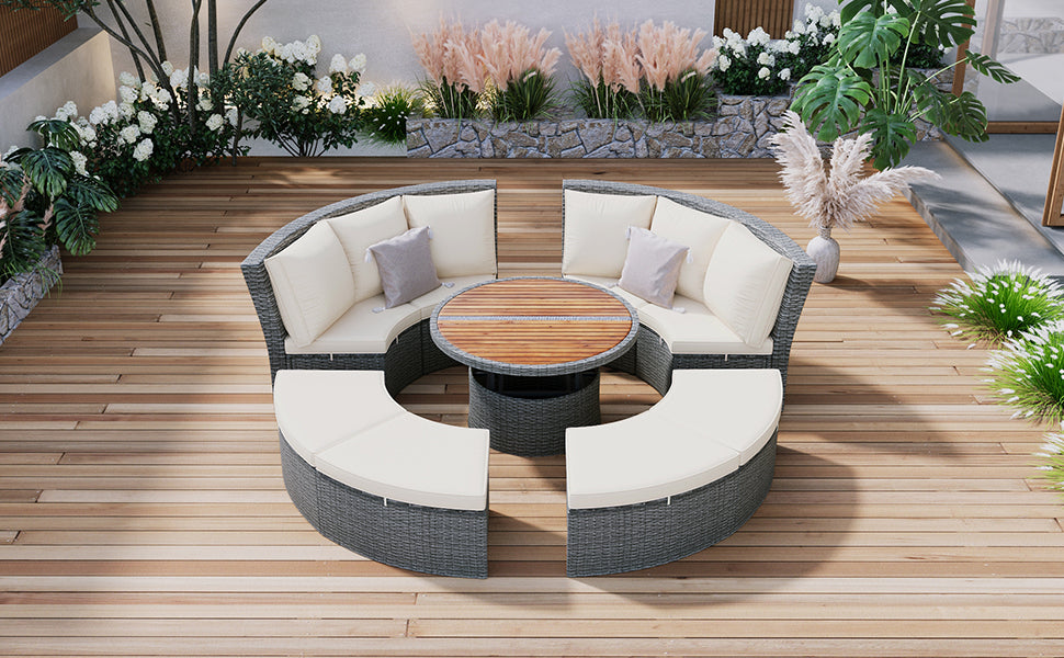 5-Piece Round Rattan Sectional Sofa Set All-Weather Wicker Sunbed Daybed with Round Liftable Table and Washable Cushions for Outdoor Backyard Poolside, Beige