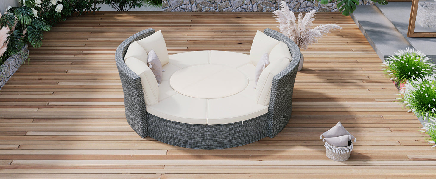 5-Piece Round Rattan Sectional Sofa Set All-Weather Wicker Sunbed Daybed with Round Liftable Table and Washable Cushions for Outdoor Backyard Poolside, Beige