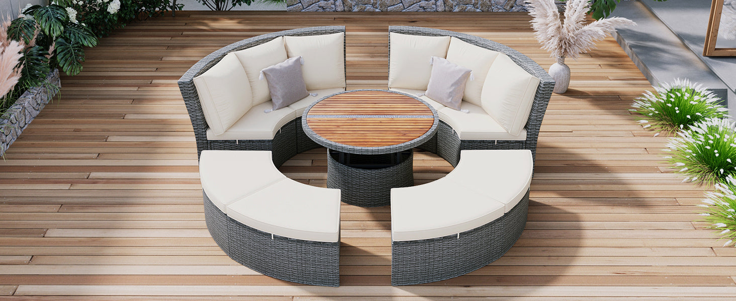 5-Piece Round Rattan Sectional Sofa Set All-Weather Wicker Sunbed Daybed with Round Liftable Table and Washable Cushions for Outdoor Backyard Poolside, Beige