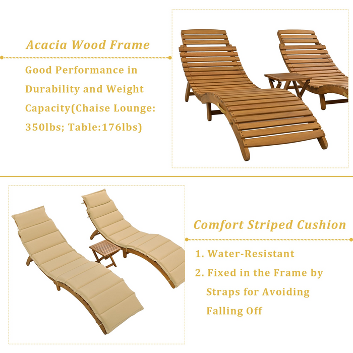 Outdoor Patio Wood Portable Extended Chaise Lounge Set with Foldable Tea Table for Balcony, Poolside, Garden, Brown