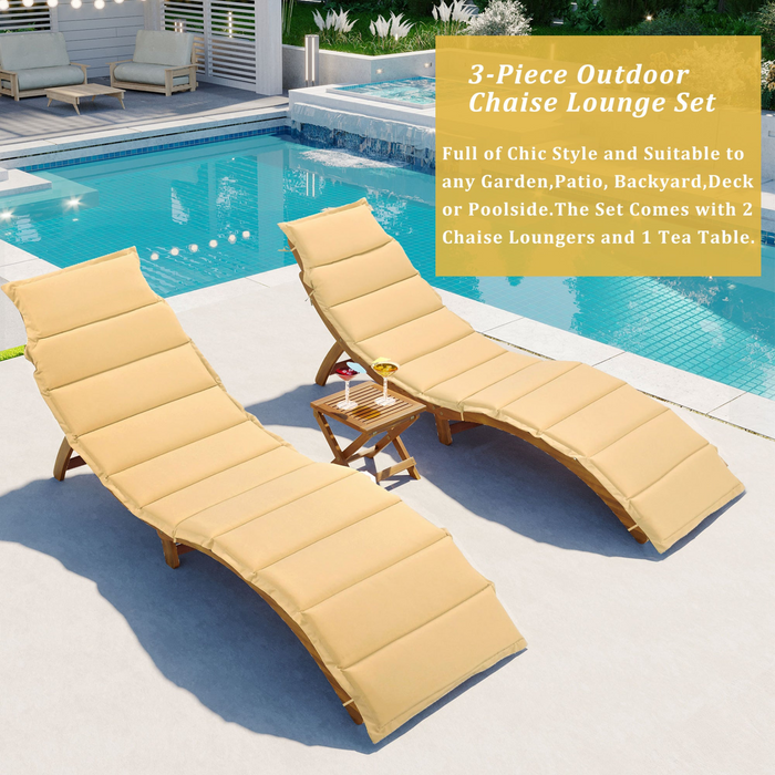 Outdoor Patio Wood Portable Extended Chaise Lounge Set with Foldable Tea Table for Balcony, Poolside, Garden, Brown