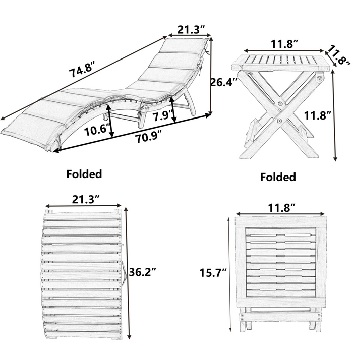 Outdoor Patio Wood Portable Extended Chaise Lounge Set with Foldable Tea Table for Balcony, Poolside, Garden, Brown