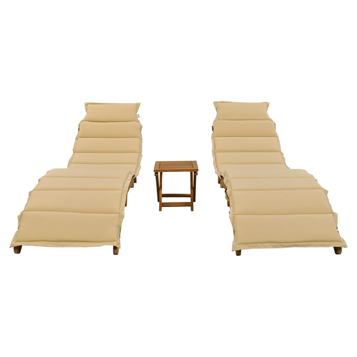 Outdoor Patio Wood Portable Extended Chaise Lounge Set with Foldable Tea Table for Balcony, Poolside, Garden, Brown