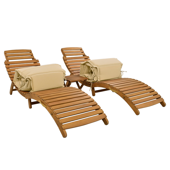 Outdoor Patio Wood Portable Extended Chaise Lounge Set with Foldable Tea Table for Balcony, Poolside, Garden, Brown