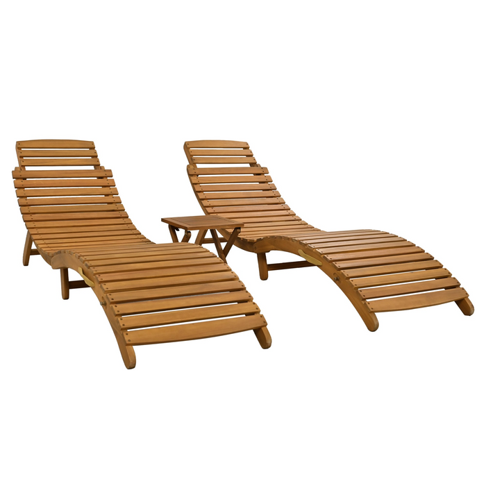 Outdoor Patio Wood Portable Extended Chaise Lounge Set with Foldable Tea Table for Balcony, Poolside, Garden, Brown