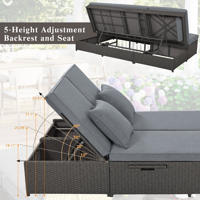 Outdoor Double Sunbed, Wicker Rattan Patio Reclining Chairs - Gray