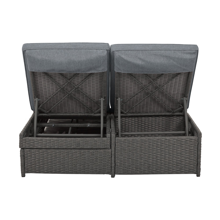 Outdoor Double Sunbed, Wicker Rattan Patio Reclining Chairs - Gray