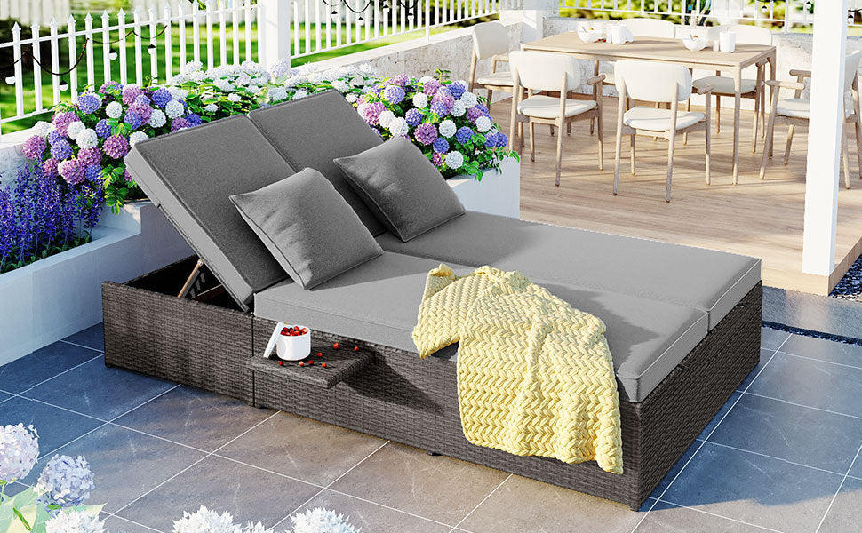 Outdoor Double Sunbed, Wicker Rattan Patio Reclining Chairs - Gray