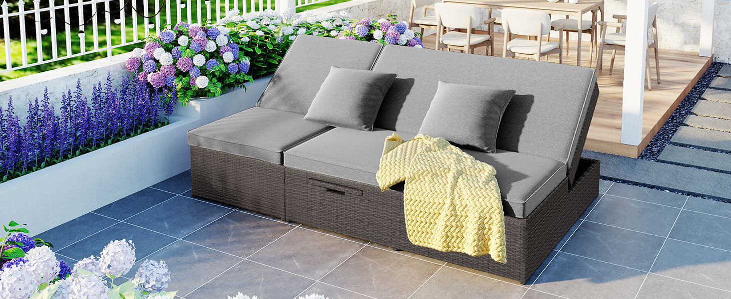 Outdoor Double Sunbed, Wicker Rattan Patio Reclining Chairs - Gray