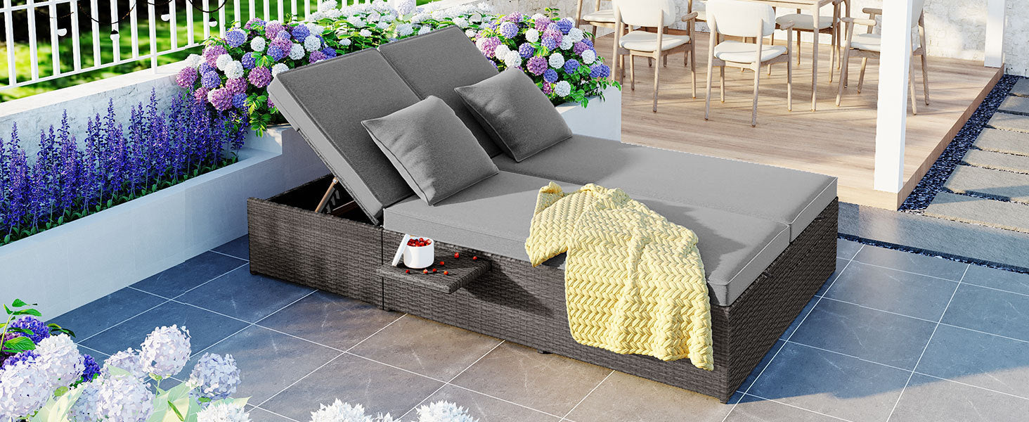 Outdoor Double Sunbed, Wicker Rattan Patio Reclining Chairs - Gray