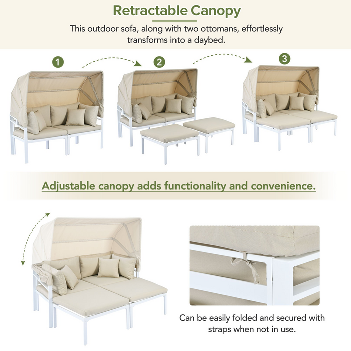 3-Piece Patio Daybed with Retractable Canopy Outdoor Metal Sectional Sofa Set Sun Lounger with Cushions, Beige