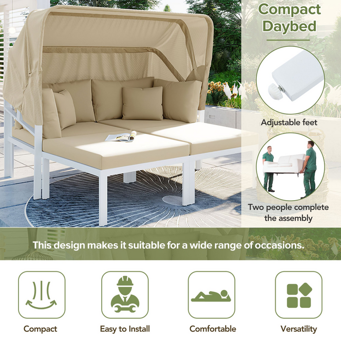 3-Piece Patio Daybed with Retractable Canopy Outdoor Metal Sectional Sofa Set Sun Lounger with Cushions, Beige