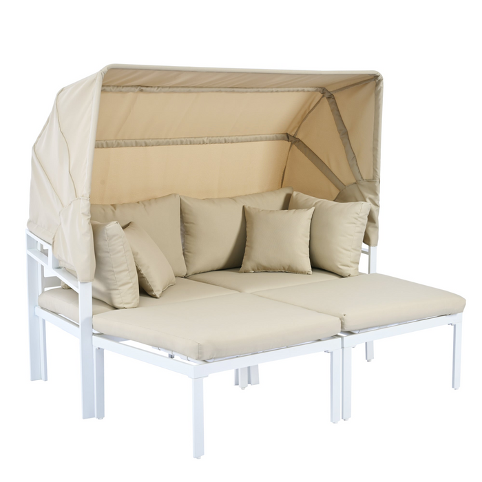 3-Piece Patio Daybed with Retractable Canopy Outdoor Metal Sectional Sofa Set Sun Lounger with Cushions, Beige