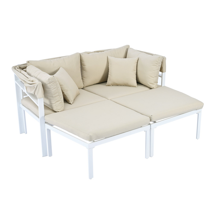 3-Piece Patio Daybed with Retractable Canopy Outdoor Metal Sectional Sofa Set Sun Lounger with Cushions, Beige