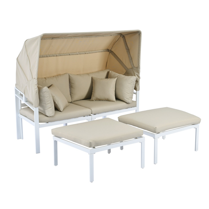 3-Piece Patio Daybed with Retractable Canopy Outdoor Metal Sectional Sofa Set Sun Lounger with Cushions, Beige