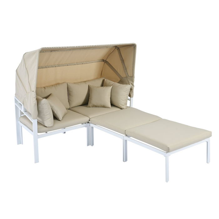 3-Piece Patio Daybed with Retractable Canopy Outdoor Metal Sectional Sofa Set Sun Lounger with Cushions, Beige