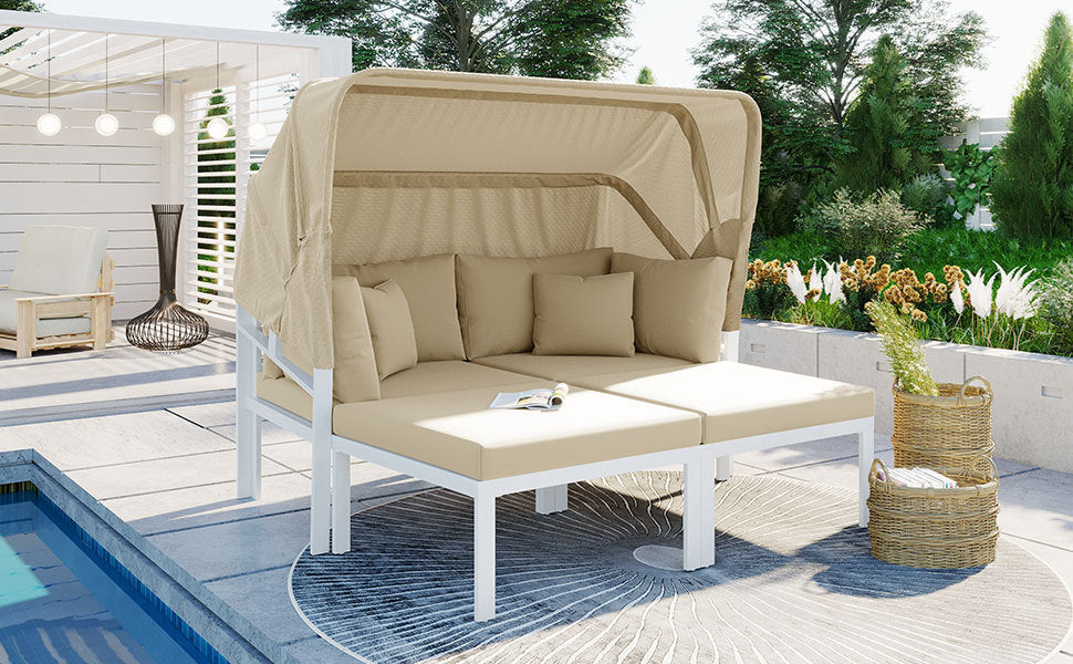 3-Piece Patio Daybed with Retractable Canopy Outdoor Metal Sectional Sofa Set Sun Lounger with Cushions, Beige