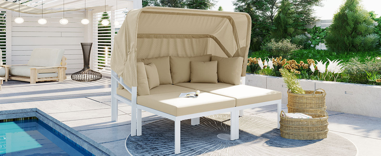 3-Piece Patio Daybed with Retractable Canopy Outdoor Metal Sectional Sofa Set Sun Lounger with Cushions, Beige