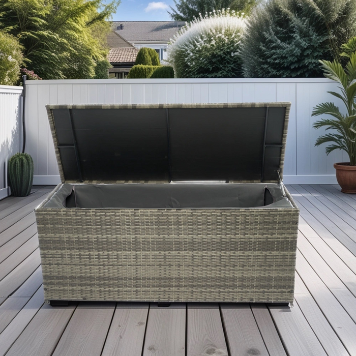 Outdoor Storage Box, 113 Gallon Wicker Patio Deck Boxes with Lid - Grey Wicker