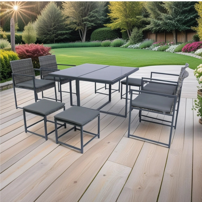 9 Pieces Patio Dining Set - Space Saving Rattan Chairs with Glass Table Top, Grey Wicker & Dark Grey Cushions