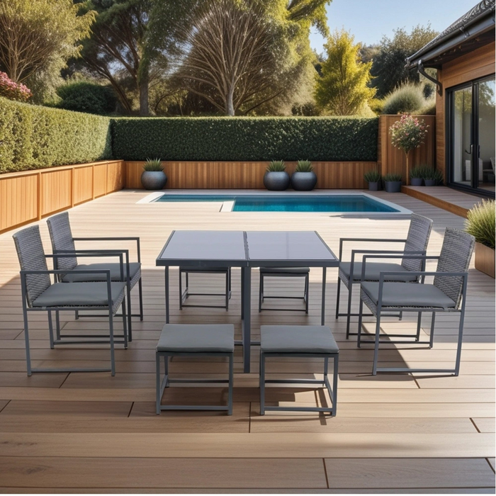 9 Pieces Patio Dining Set - Space Saving Rattan Chairs with Glass Table Top, Grey Wicker & Dark Grey Cushions