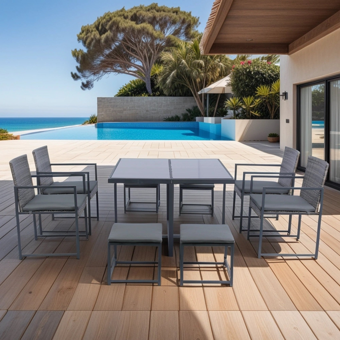 9 Pieces Patio Dining Set - Space Saving Rattan Chairs with Glass Table Top, Grey Wicker & Dark Grey Cushions