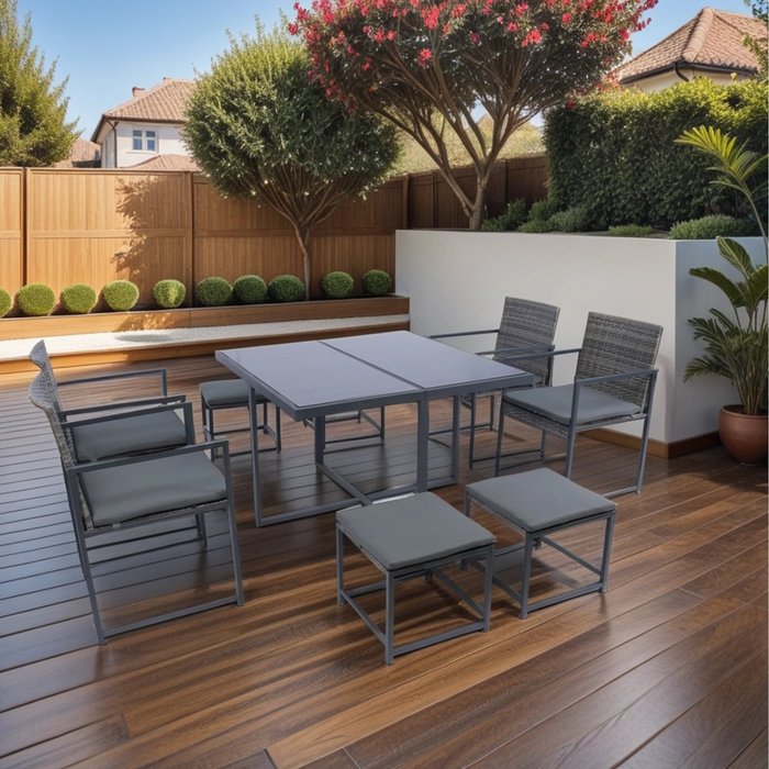 9 Pieces Patio Dining Set - Space Saving Rattan Chairs with Glass Table Top, Grey Wicker & Dark Grey Cushions