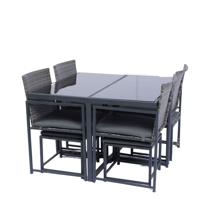 9 Pieces Patio Dining Set - Space Saving Rattan Chairs with Glass Table Top, Grey Wicker & Dark Grey Cushions