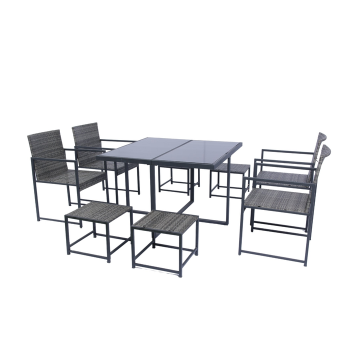 9 Pieces Patio Dining Set - Space Saving Rattan Chairs with Glass Table Top, Grey Wicker & Dark Grey Cushions