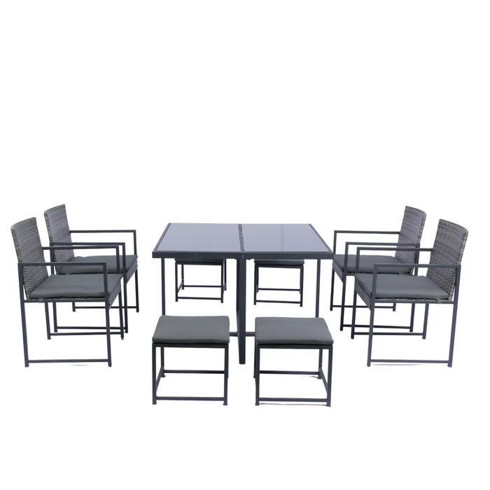 9 Pieces Patio Dining Set - Space Saving Rattan Chairs with Glass Table Top, Grey Wicker & Dark Grey Cushions