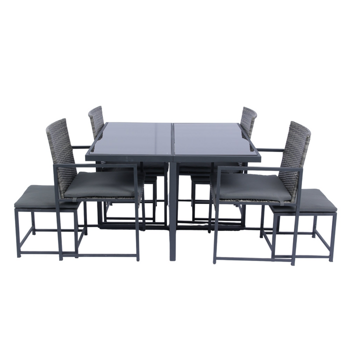 9 Pieces Patio Dining Set - Space Saving Rattan Chairs with Glass Table Top, Grey Wicker & Dark Grey Cushions