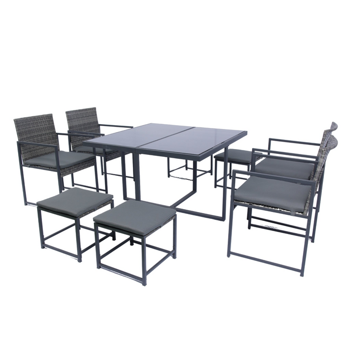 9 Pieces Patio Dining Set - Space Saving Rattan Chairs with Glass Table Top, Grey Wicker & Dark Grey Cushions