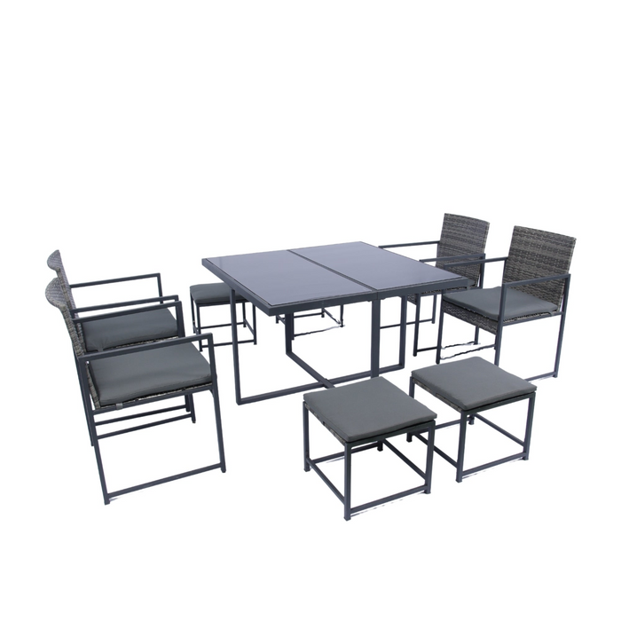 9 Pieces Patio Dining Set - Space Saving Rattan Chairs with Glass Table Top, Grey Wicker & Dark Grey Cushions