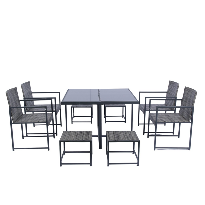 9 Pieces Patio Dining Set - Space Saving Rattan Chairs with Glass Table Top, Grey Wicker & Dark Grey Cushions