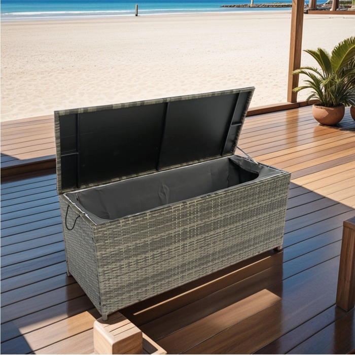 Outdoor Storage Box, 113 Gallon Wicker Patio Deck Boxes with Lid - Grey Wicker